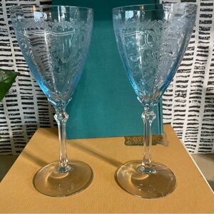SET OF 2- Fostoria JUNE BLUE Goblets Elegant Etched  Glasses  8 1/4" * Callouts